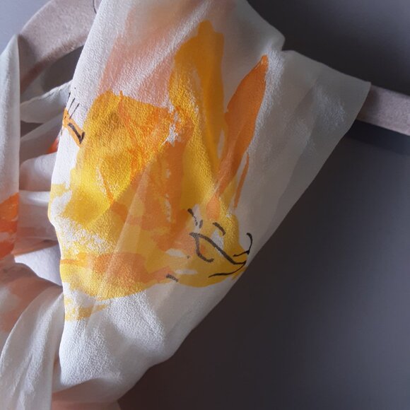Gorgeous Silk Floral Oblong Scarf Cream with Orange and Yellow - Picture 9 of 9